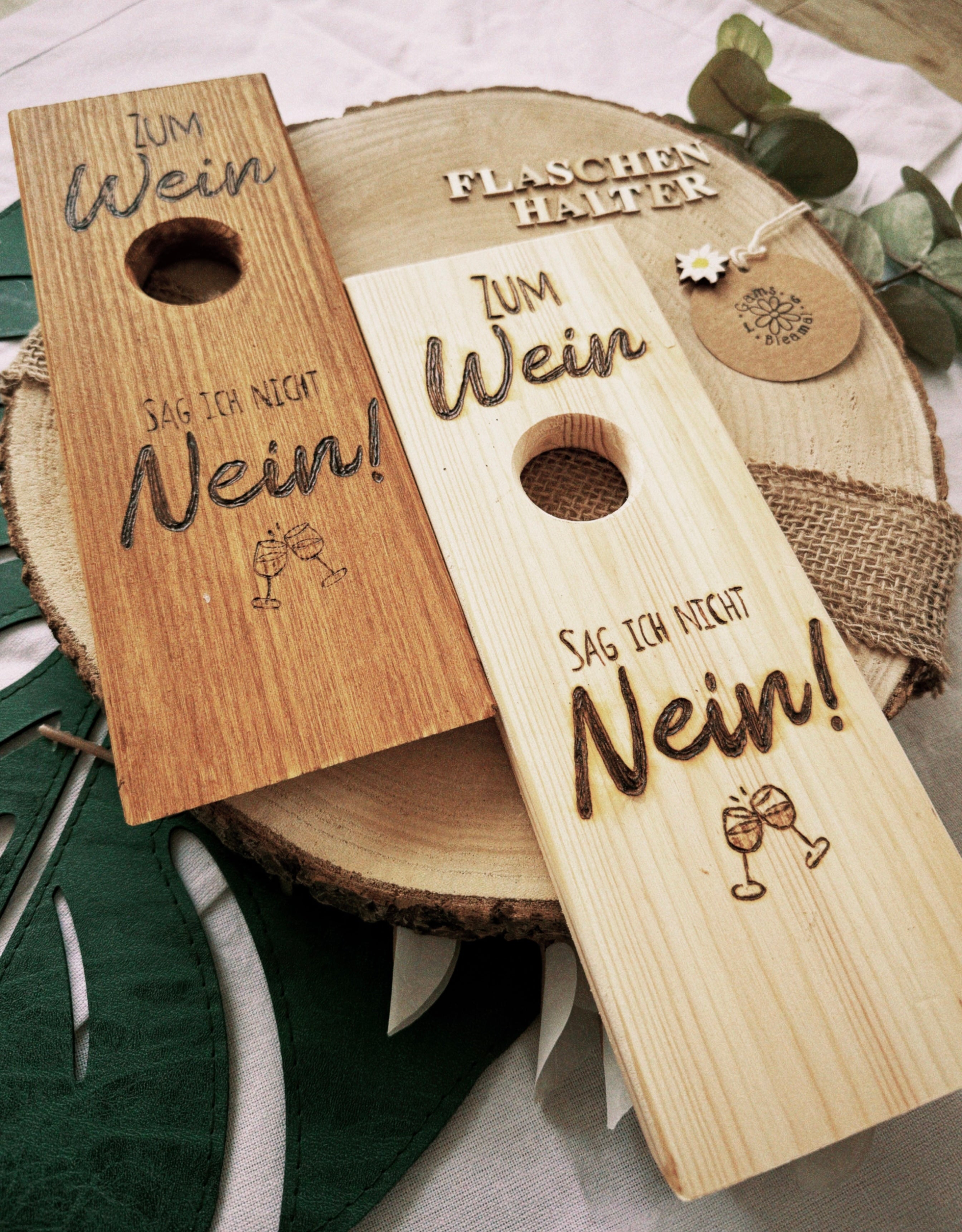 Flaschenhalter für Wein mit Gravur „Zum Wein sag ich nicht Nein!“